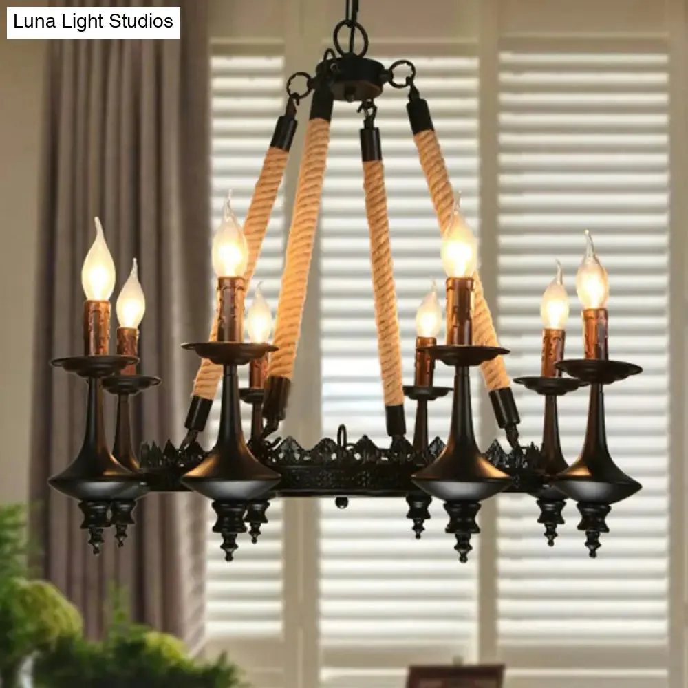 Rustic Metal and Rope Pendant Chandelier with 3/6/8 Lights - Black Candle Dining Room Hanging Ceiling Fixture