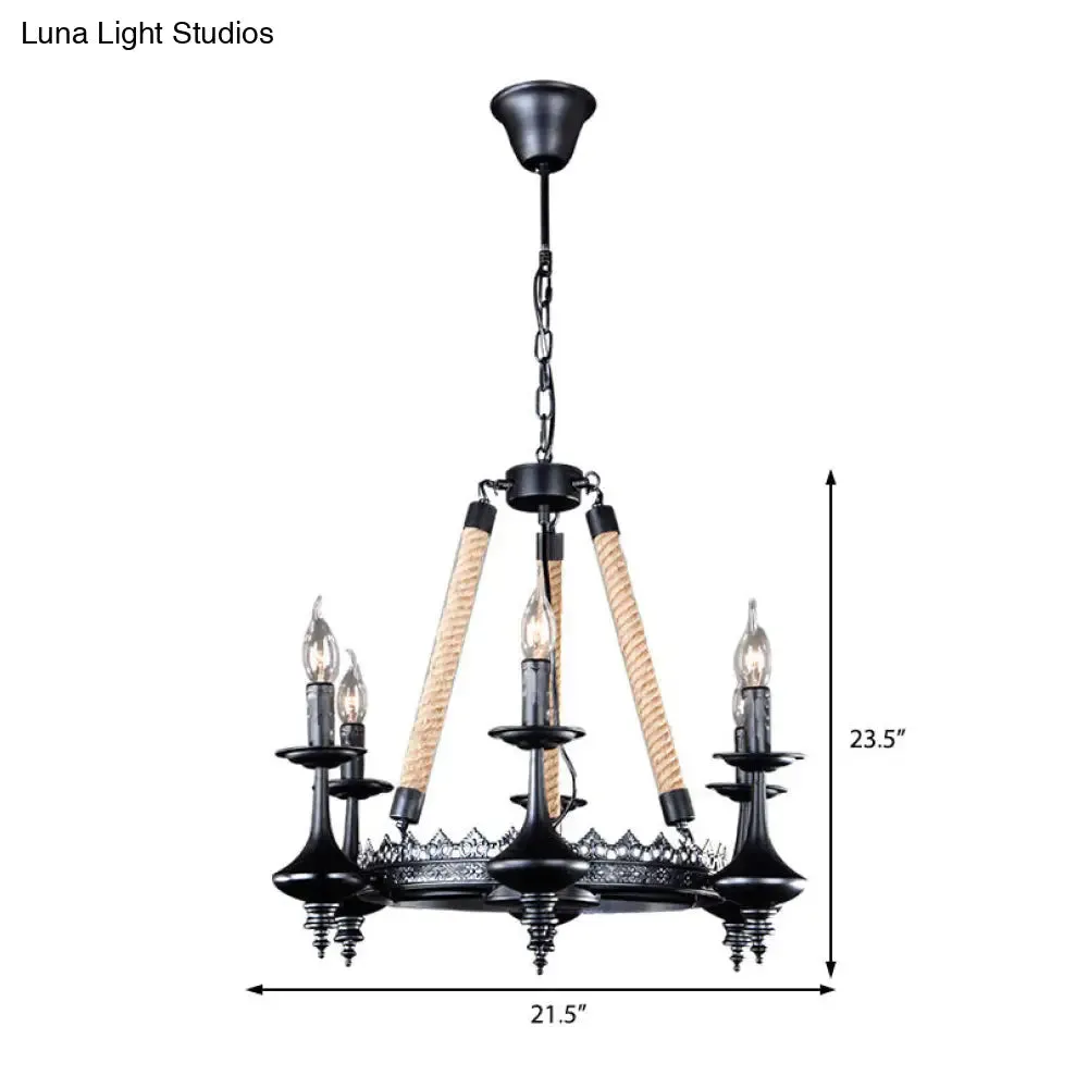 Rustic Metal and Rope Pendant Chandelier with 3/6/8 Lights - Black Candle Dining Room Hanging Ceiling Fixture