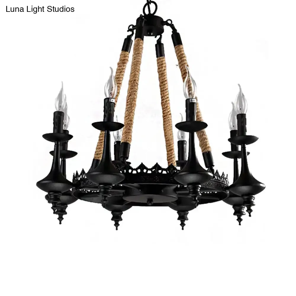 Rustic Metal and Rope Pendant Chandelier with 3/6/8 Lights - Black Candle Dining Room Hanging Ceiling Fixture