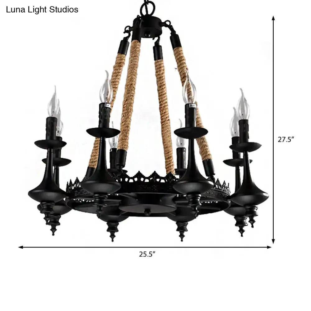 Rustic Metal and Rope Pendant Chandelier with 3/6/8 Lights - Black Candle Dining Room Hanging Ceiling Fixture