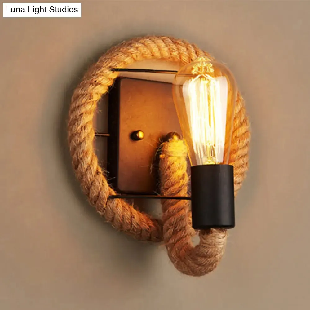 Rustic Rope Wall Sconce with Bare Bulb Design and Wood Detailing