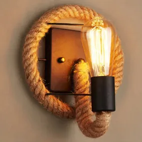 Rustic Rope Wall Sconce with Bare Bulb Design and Wood Detailing