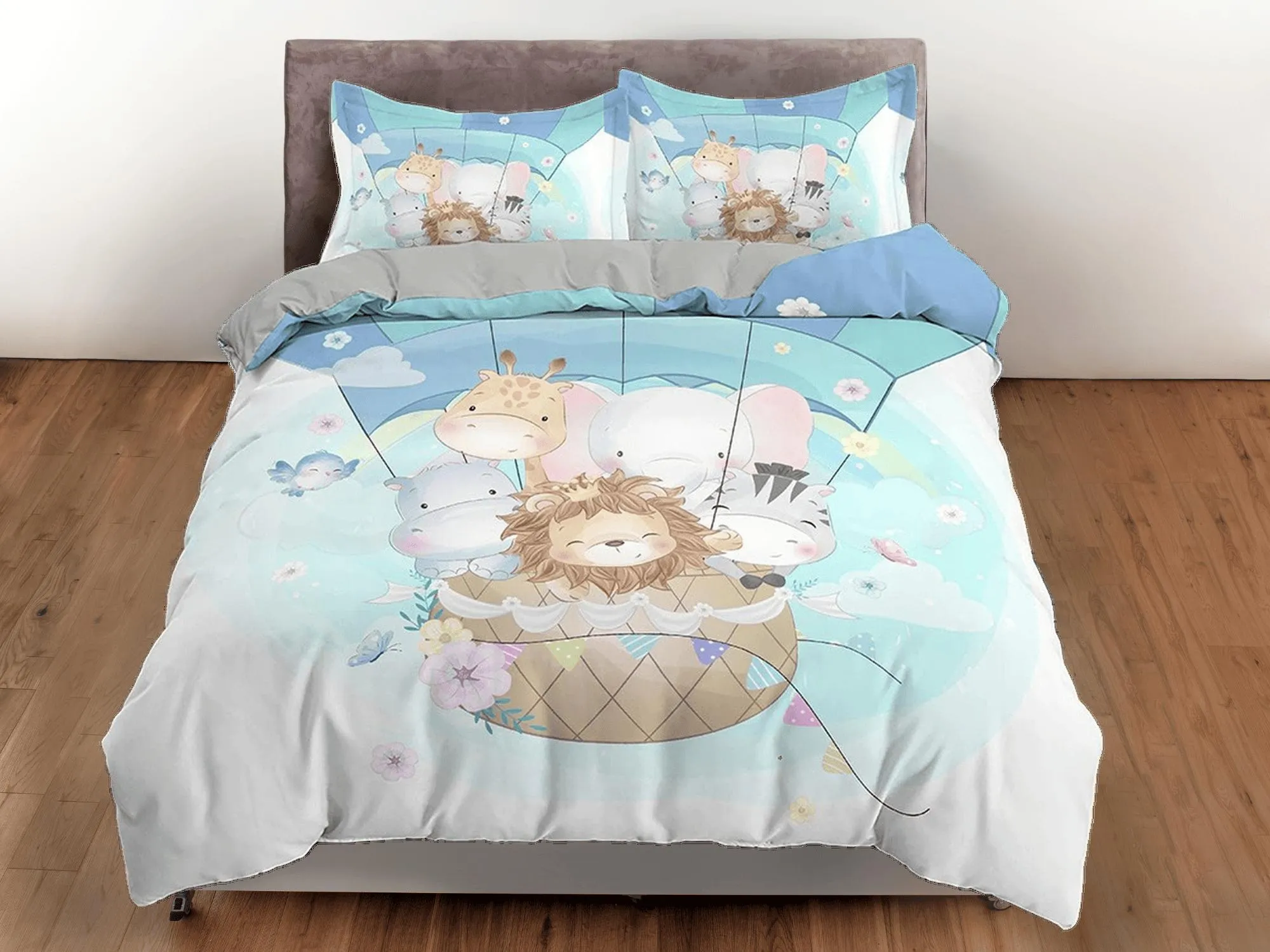 Safari Animals in Hot Air Balloon Bedding, Duvet Cover Set, Zipper Bedding, Dorm Bedding, Teens Adult Duvet King Queen Full Twin Single