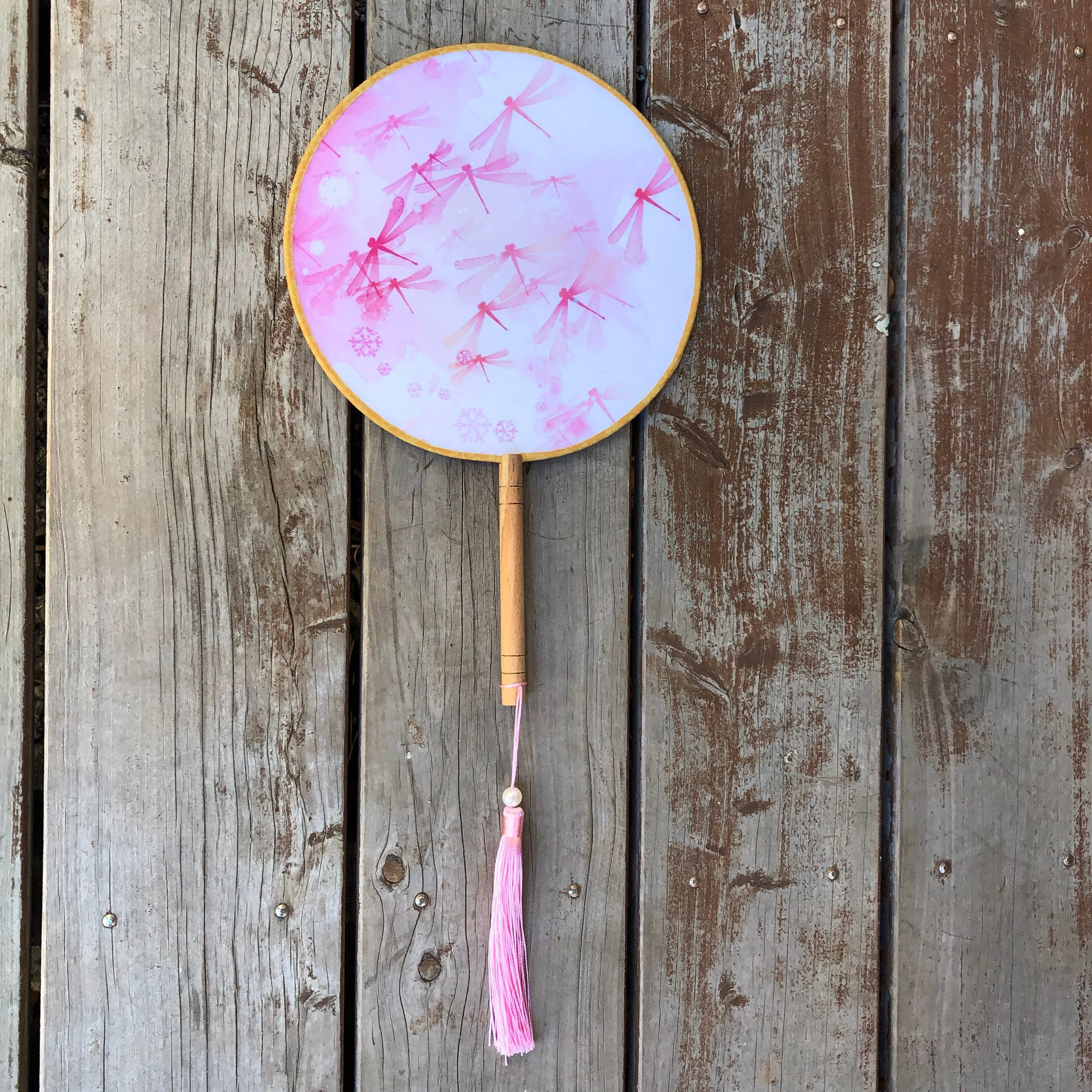 SALE - Elegant Round Silk Fan - Pink Dragonflies