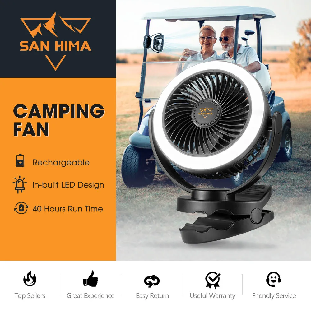 San Hima 10000mAh Portable Camping Fan Rechargeable Clip On Fan With LED Light