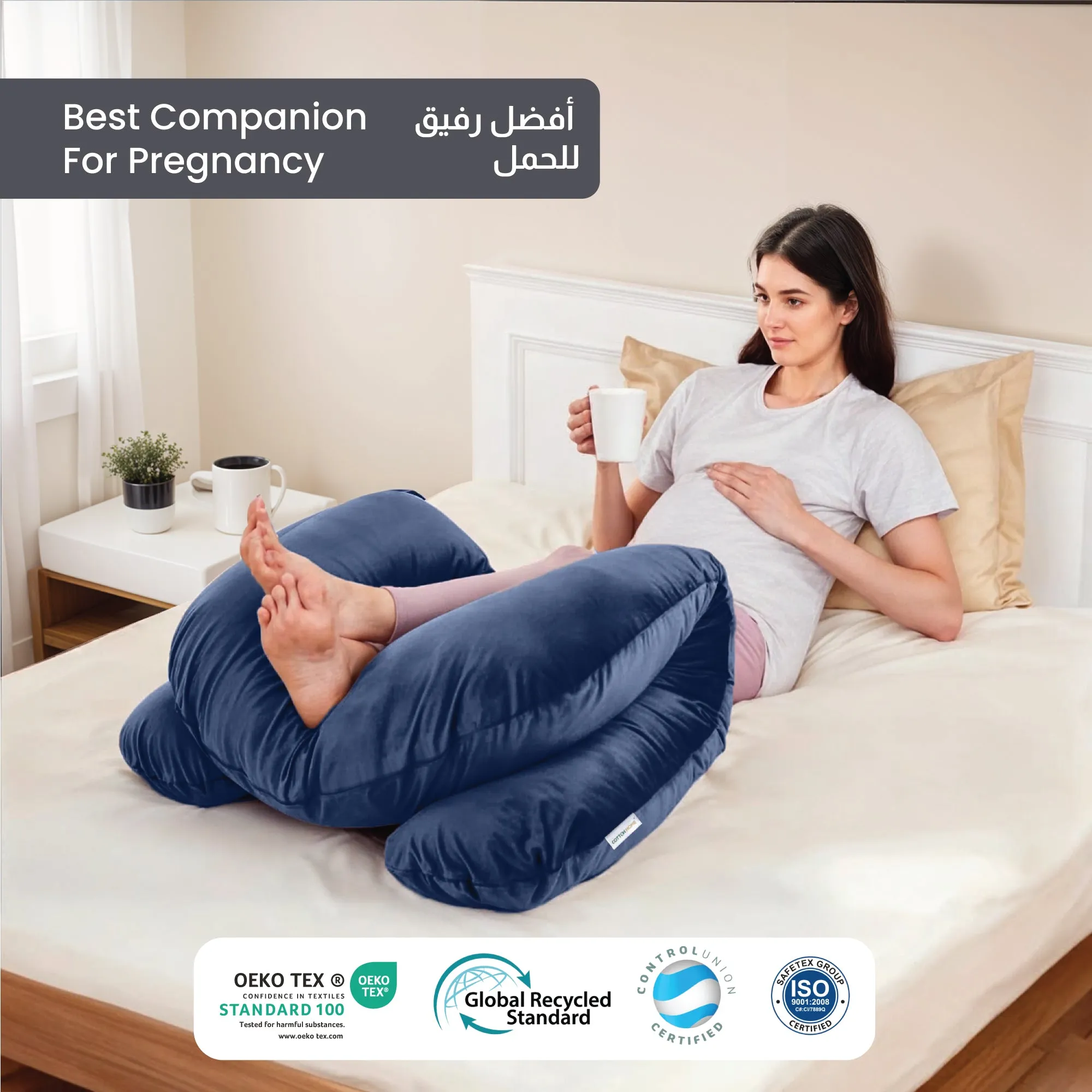 Serenity Velvet Pregnancy Pillow U-Shape Full Body Pillow  With Removable Cover Navy Blue