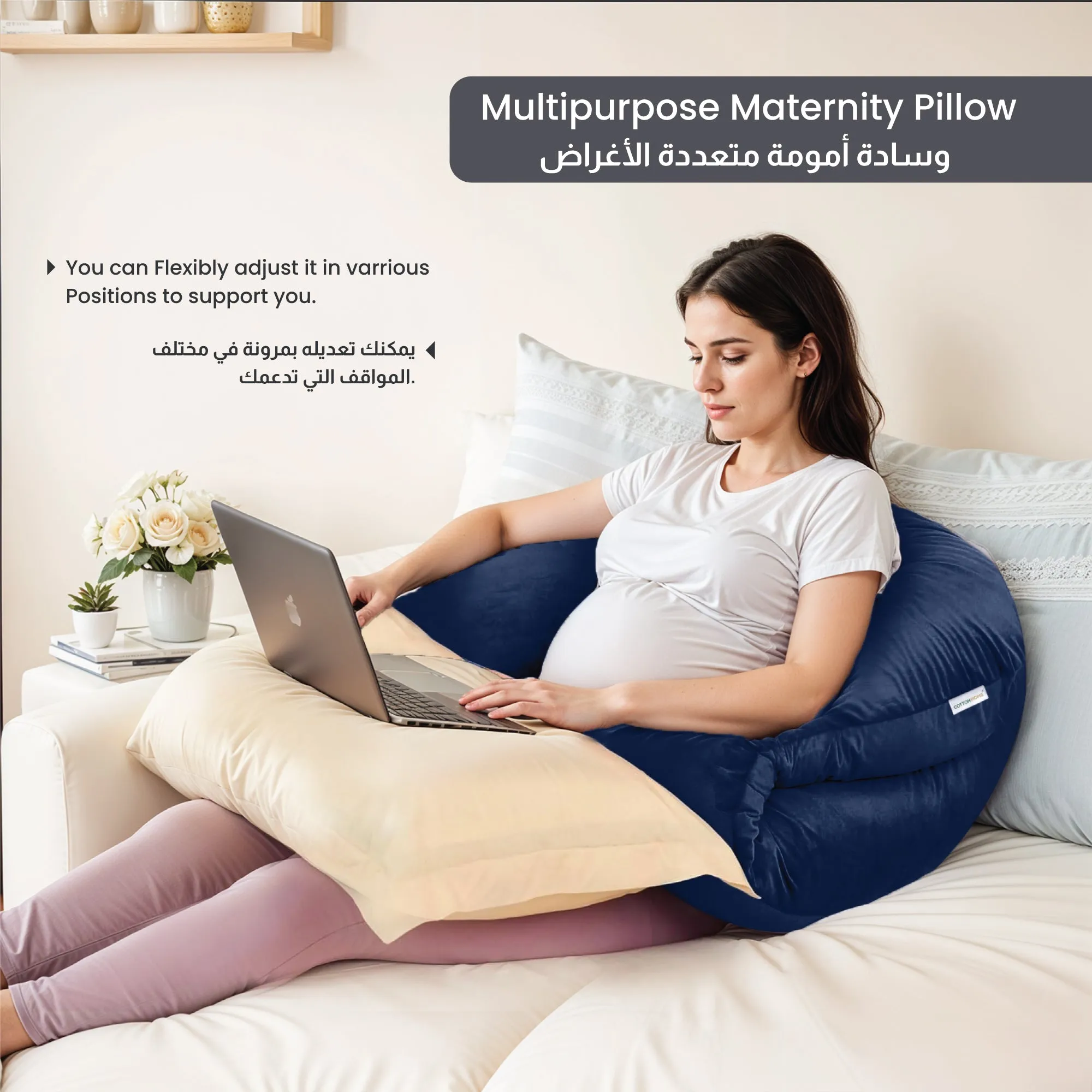 Serenity Velvet Pregnancy Pillow U-Shape Full Body Pillow  With Removable Cover Navy Blue