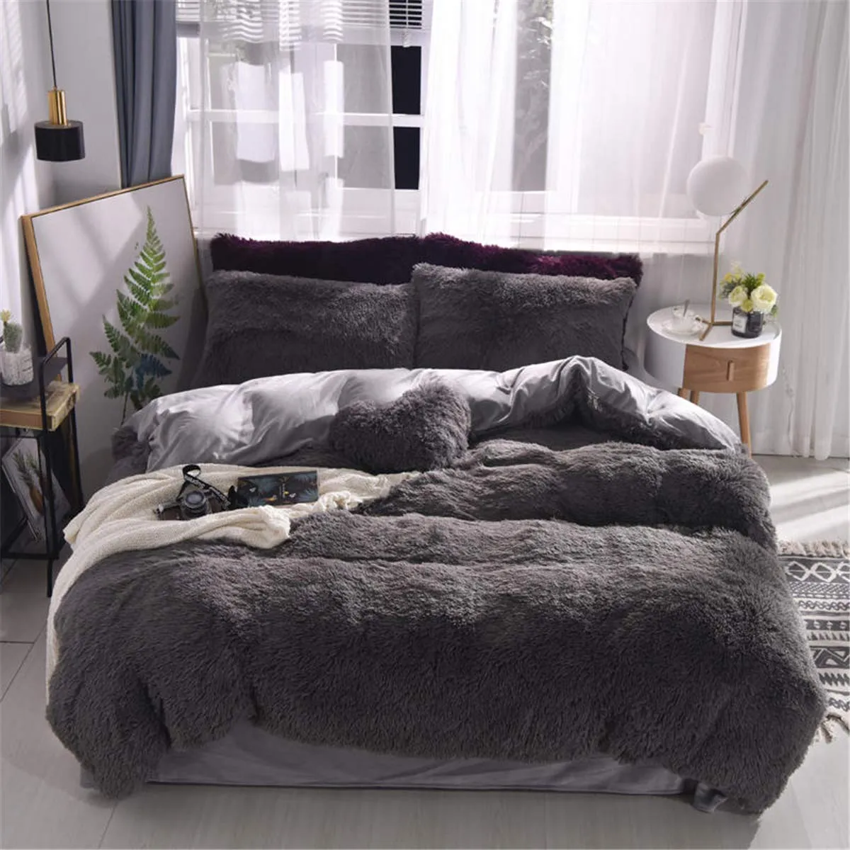 Shaggy Fluffy Queen Duvet Cover Set,3 PCS - Luxury Long Fleece