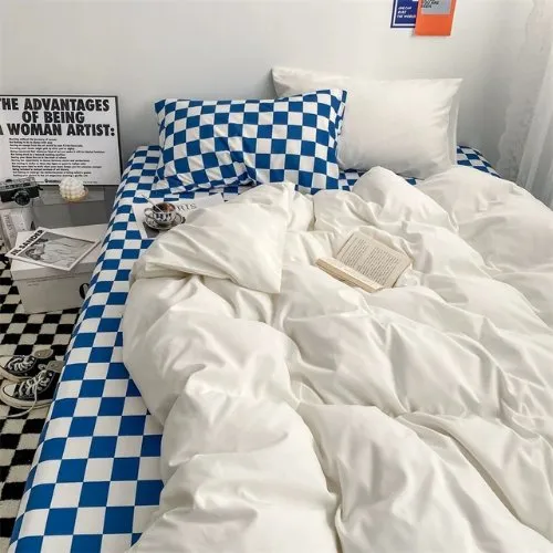 Single size 4 pieces Bedding Set without filler, Off White color and Blue Checkered Design