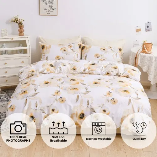 Single Size Bedding Set 4 Pieces Without Filler, Beige Color Flower Design