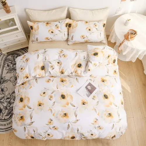 Single Size Bedding Set 4 Pieces Without Filler, Beige Color Flower Design