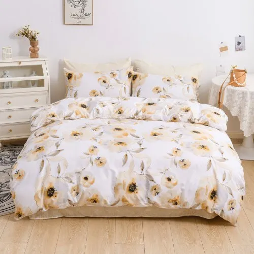 Single Size Bedding Set 4 Pieces Without Filler, Beige Color Flower Design