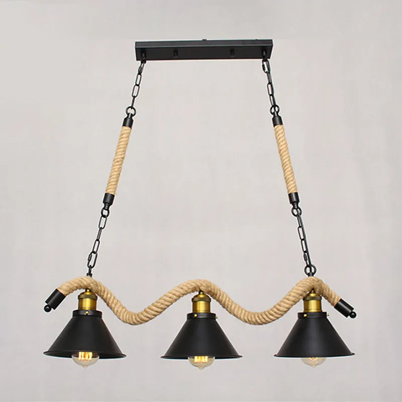 Sleek Black Spiral Rope Pendant Light Fixture with Loft Style Bar Island Lamp and Cone Shade