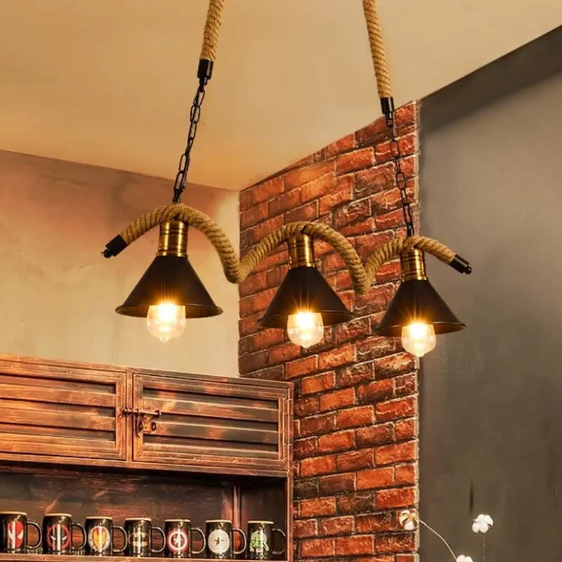 Sleek Black Spiral Rope Pendant Light Fixture with Loft Style Bar Island Lamp and Cone Shade