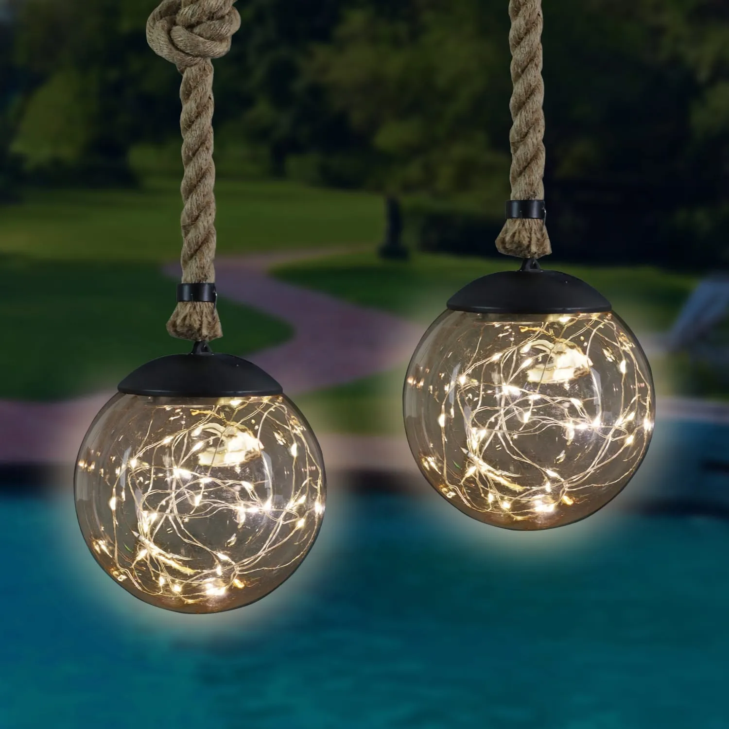 Solar Powered Hanging Champagne LED Ball Lights, Set of Two, 6 by 38 Inches