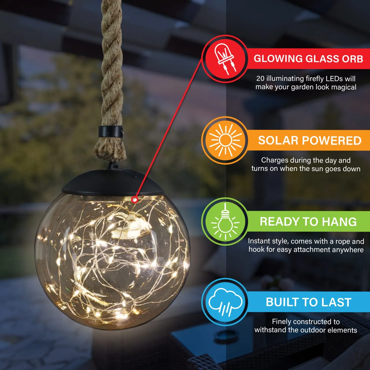 Solar Powered Hanging Champagne LED Ball Lights, Set of Two, 6 by 38 Inches