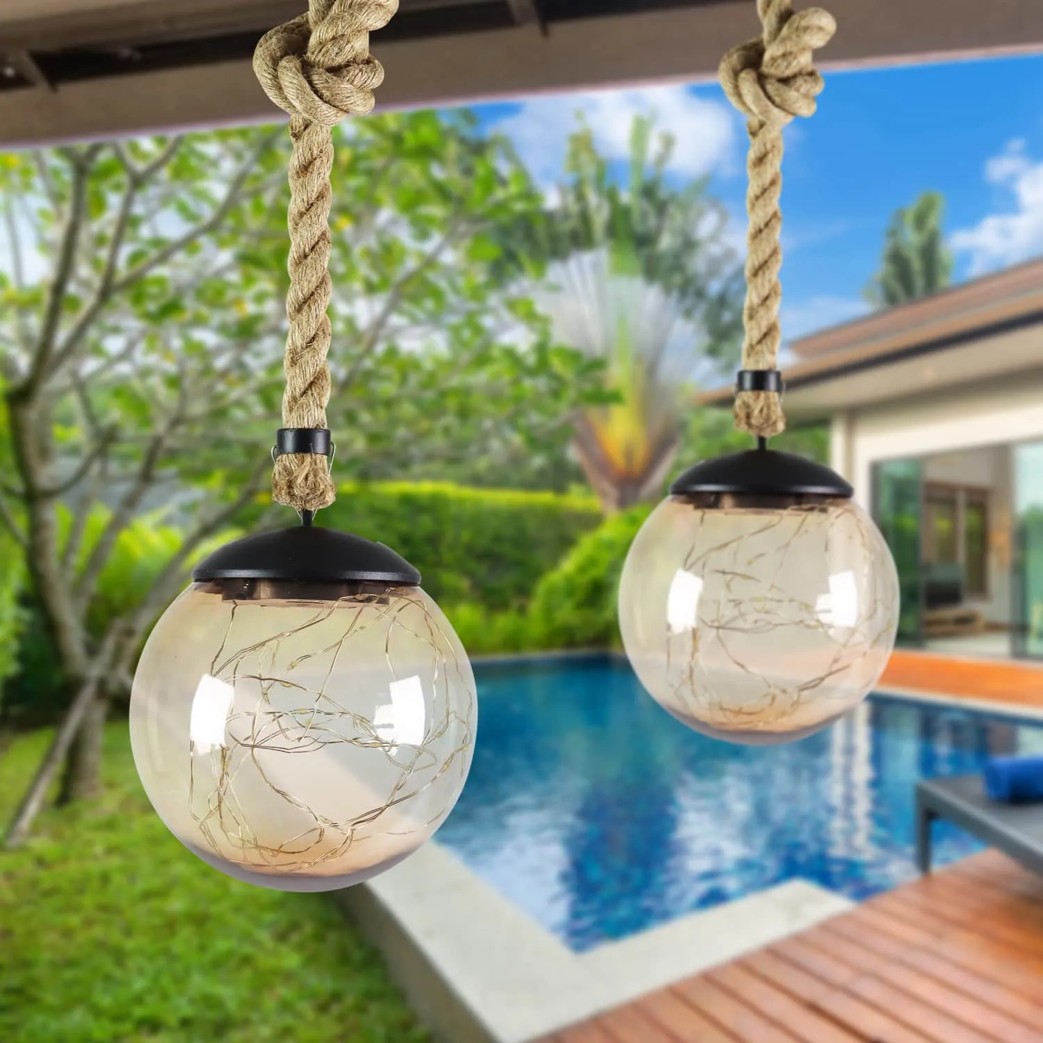 Solar Powered Hanging Champagne LED Ball Lights, Set of Two, 6 by 38 Inches