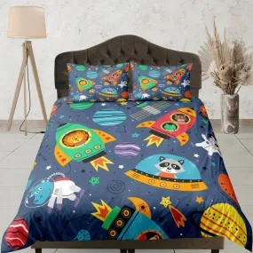 Space safari animals duvet cover set kids, galaxy bedding set full, king, queen, astronomy science dorm bedding, toddler bedding aesthetic