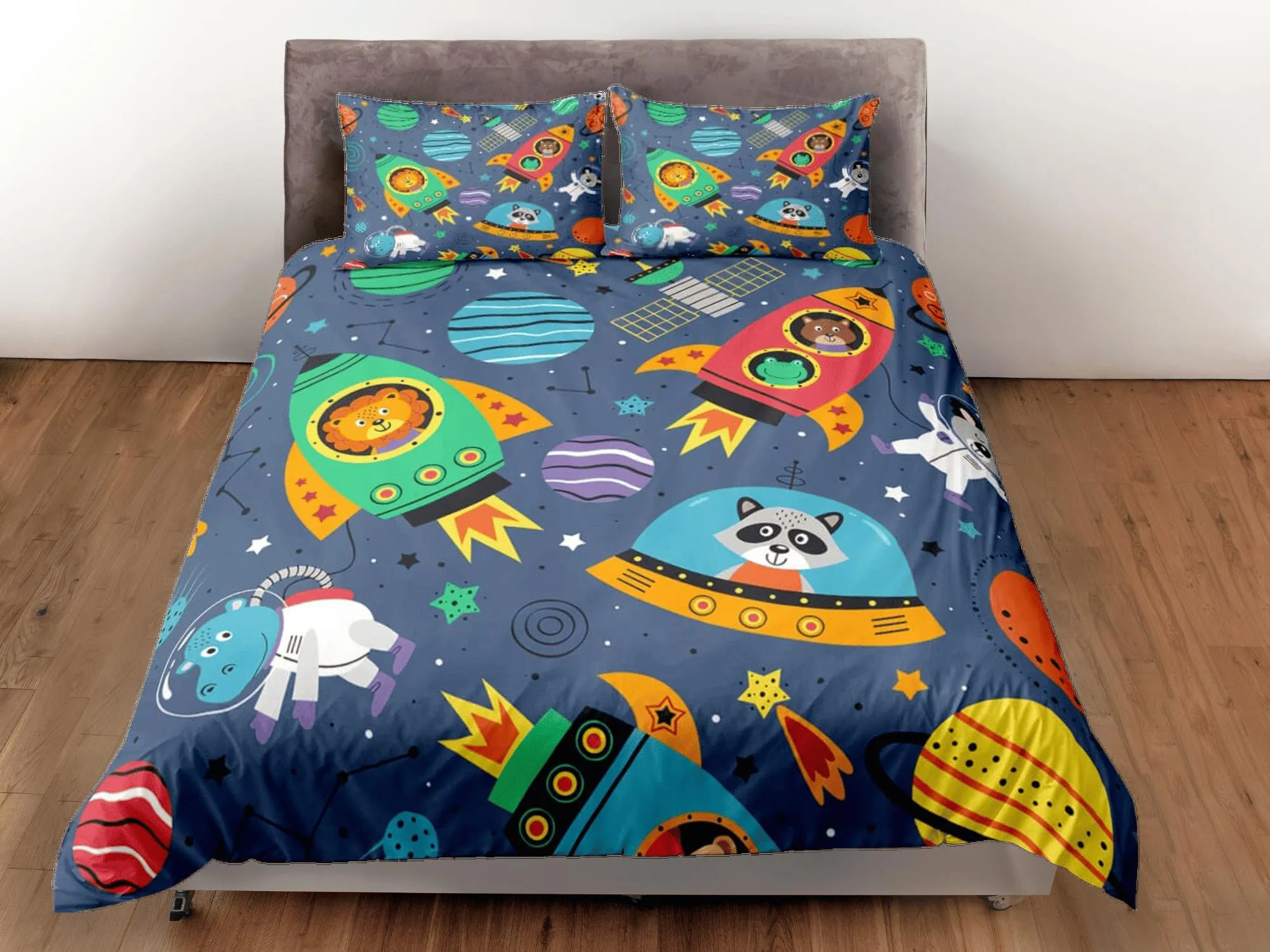 Space safari animals duvet cover set kids, galaxy bedding set full, king, queen, astronomy science dorm bedding, toddler bedding aesthetic