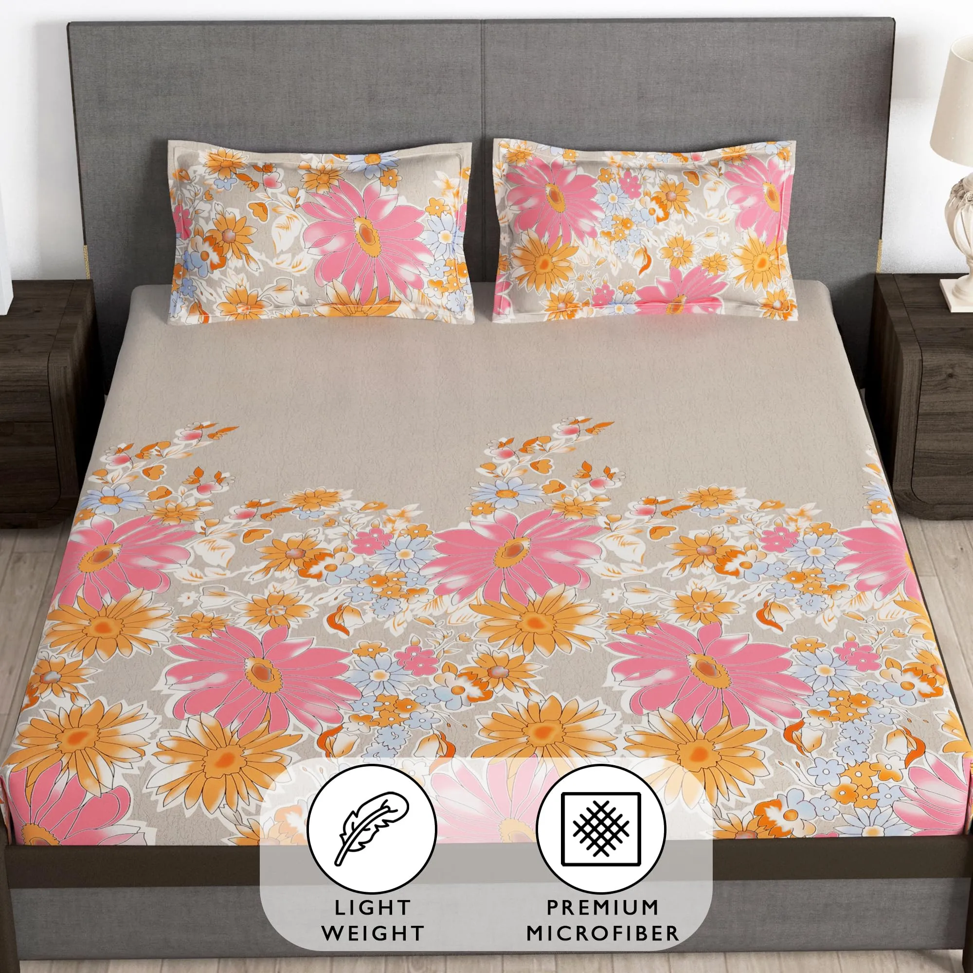 Story@Home Bedsheet for Double Bed Microfiber Floral Design | Double Size Bedsheet with 2 Pillow Cover | 180 TC (225 x 250 cm, Beige & Pink) | Perfect for Festive Gifting bedsheet