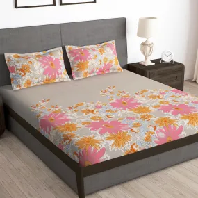 Story@Home Bedsheet for Double Bed Microfiber Floral Design | Double Size Bedsheet with 2 Pillow Cover | 180 TC (225 x 250 cm, Beige & Pink) | Perfect for Festive Gifting bedsheet