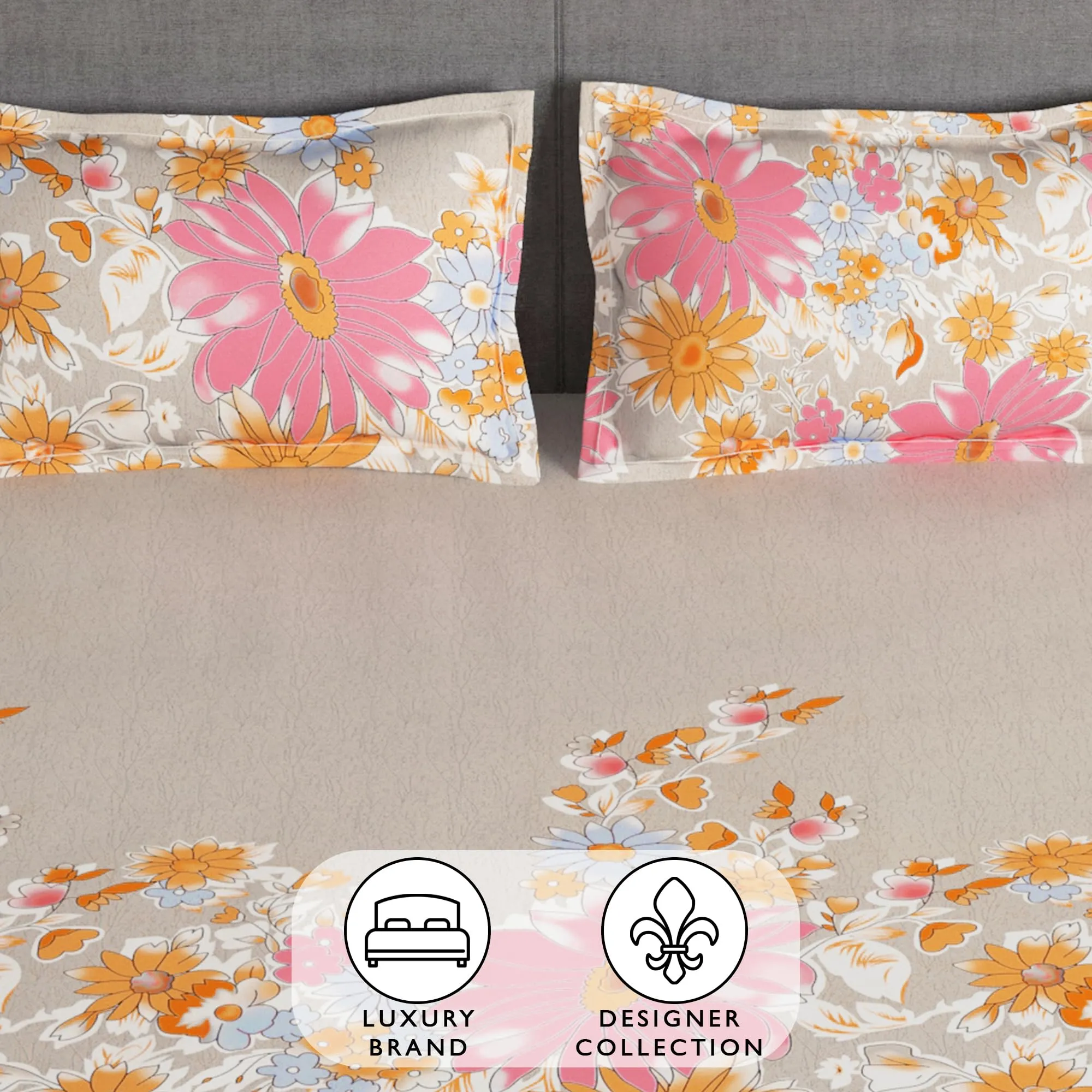 Story@Home Bedsheet for Double Bed Microfiber Floral Design | Double Size Bedsheet with 2 Pillow Cover | 180 TC (225 x 250 cm, Beige & Pink) | Perfect for Festive Gifting bedsheet