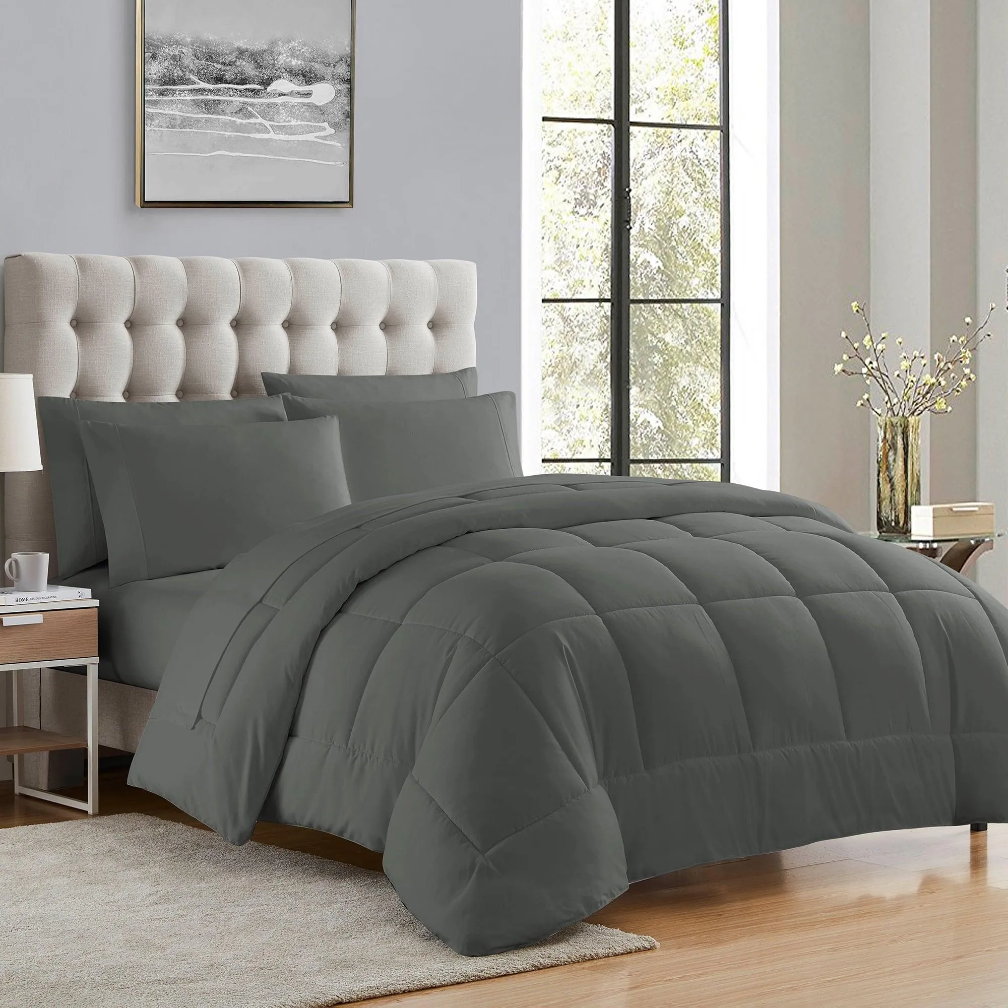 Supreme 7 Piece Bed-In-A-Bag All Season Solid Comforter & Sheet Set, Queen, Black By Sweet Home Collection