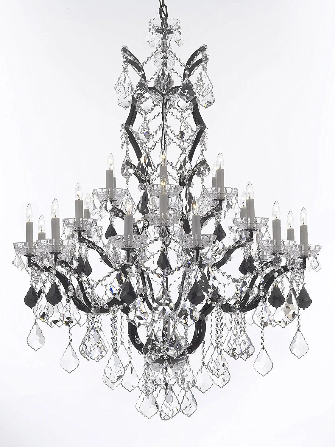 Swarovski Crystal Trimmed Chandelier 19th C. Baroque Iron & Crystal Chandelier Lighting Dressed with Jet Black Crystals H 52" x W 41" - Great for the Dining Room, Foyer, Entry Way, Living Room - G83-B97/996/25SW