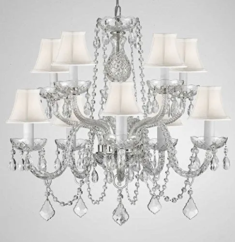 Swarovski Crystal Trimmed Chandelier Crystal Chandelier Lighting With White Shades H 25" X W 24" - G46-Whiteshades/Cs/1122/5 5 Sw