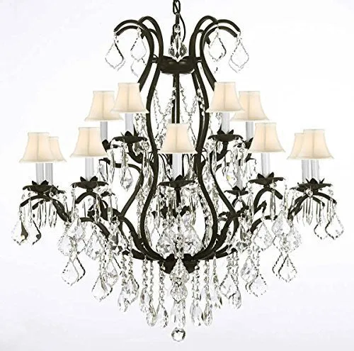 Swarovski Crystal Trimmed Chandelier Wrought Iron Chandelier Crystal Chandeliers Lighting H36" X W36" With Shades - A83-Whiteshades/3034/10 5 Sw