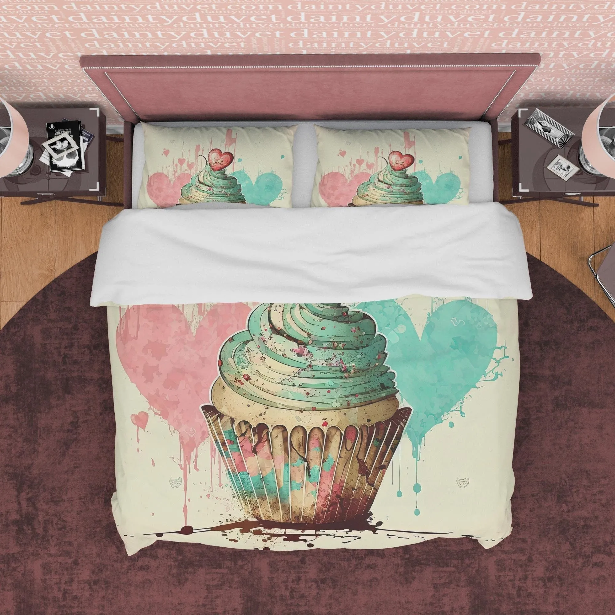 Sweet Cupcake Duvet Cover Boho Bedroom Set, Cute Quilt Cover Girly Bedspread, Dorm Bedding, Baby Girl Crib Set, Pastel Color Blanket Cover