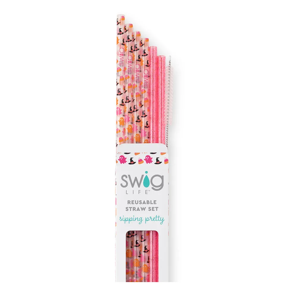 Swig | Hey Boo   Pink Glitter Reusable Straw Set