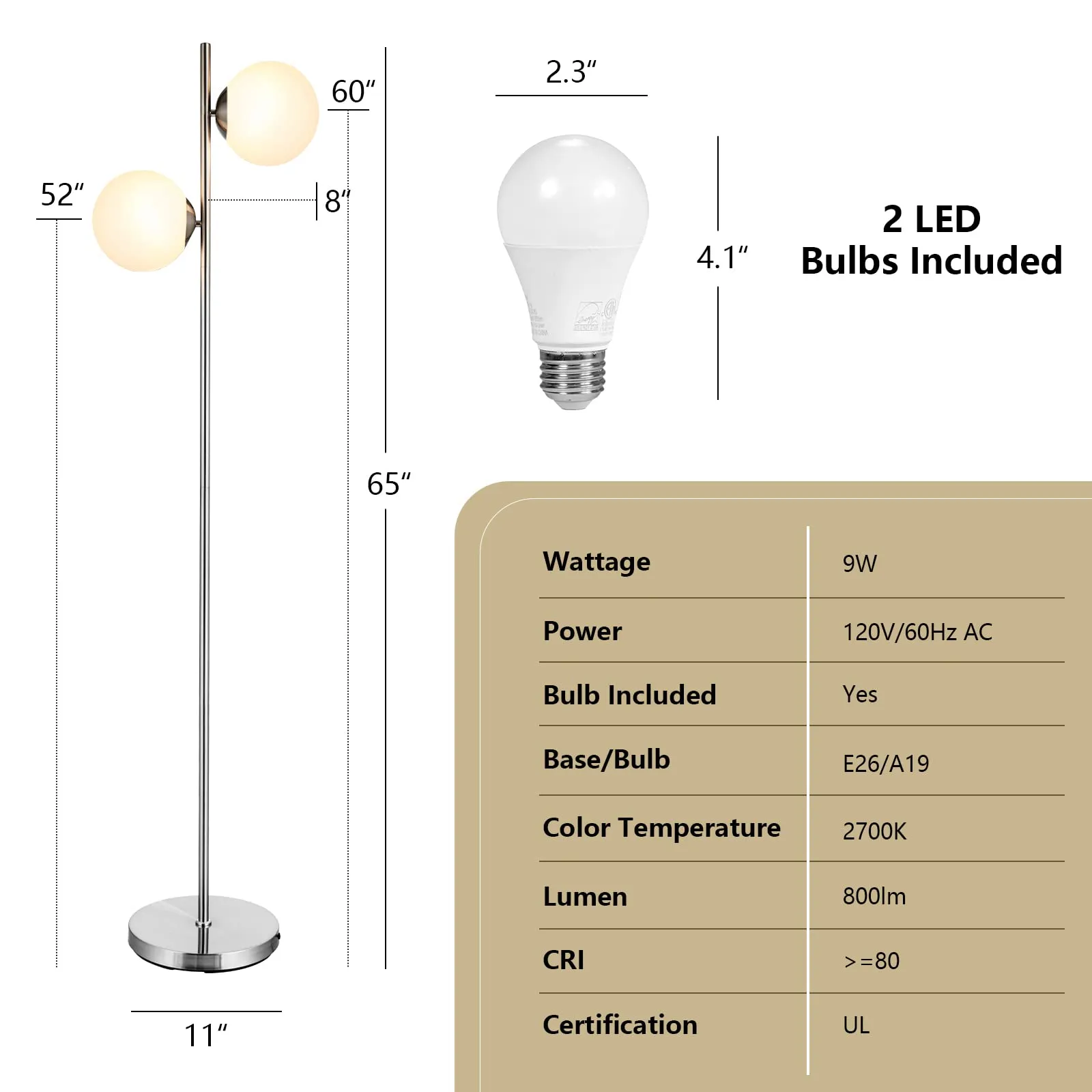 Tangkula Mid Century Globe Floor Lamp with 2 LED Bulbs for Living Room