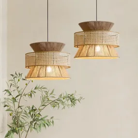 Traditional Vintage Zen Rattan Hemp Rope Weaving Round Shade 1-Light Pendant Light For Living Room