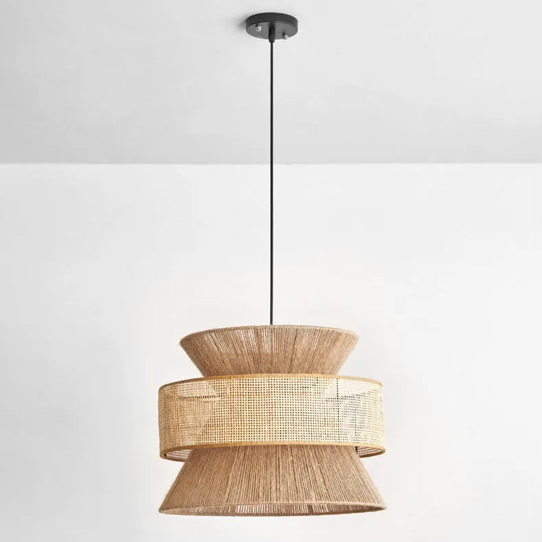 Traditional Vintage Zen Rattan Hemp Rope Weaving Round Shade 1-Light Pendant Light For Living Room