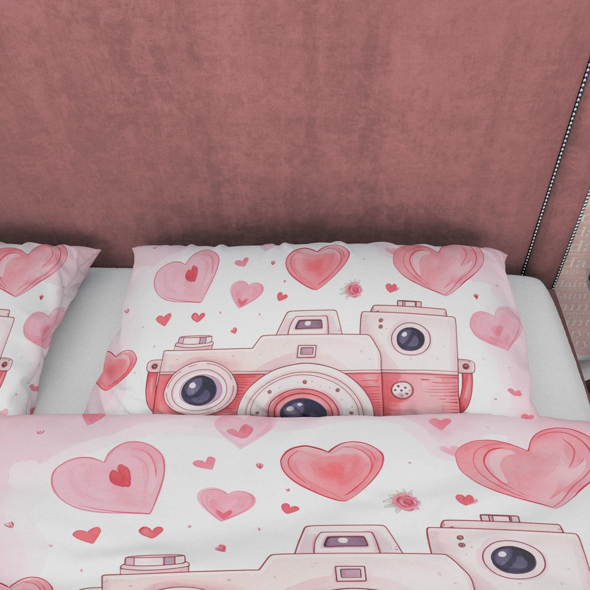 Unique Retro Camera Duvet Cover Set Baby Pink Bedding, Girly Bedroom Set, Cute Quilt Cover, Photophille Bedspread, Photographer Gift