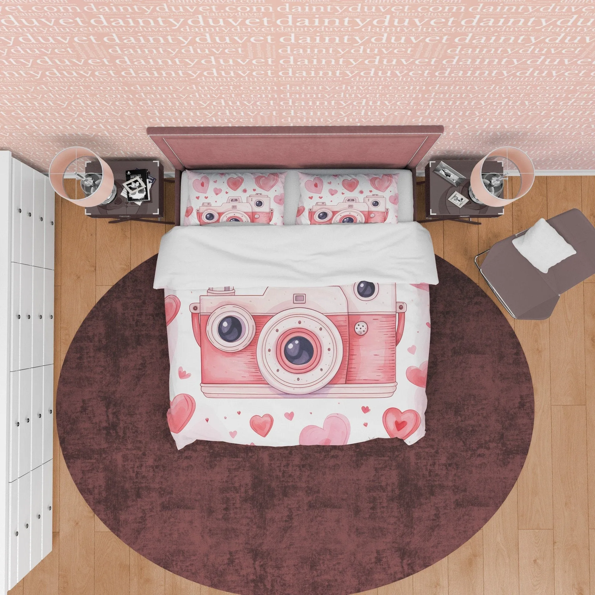 Unique Retro Camera Duvet Cover Set Baby Pink Bedding, Girly Bedroom Set, Cute Quilt Cover, Photophille Bedspread, Photographer Gift