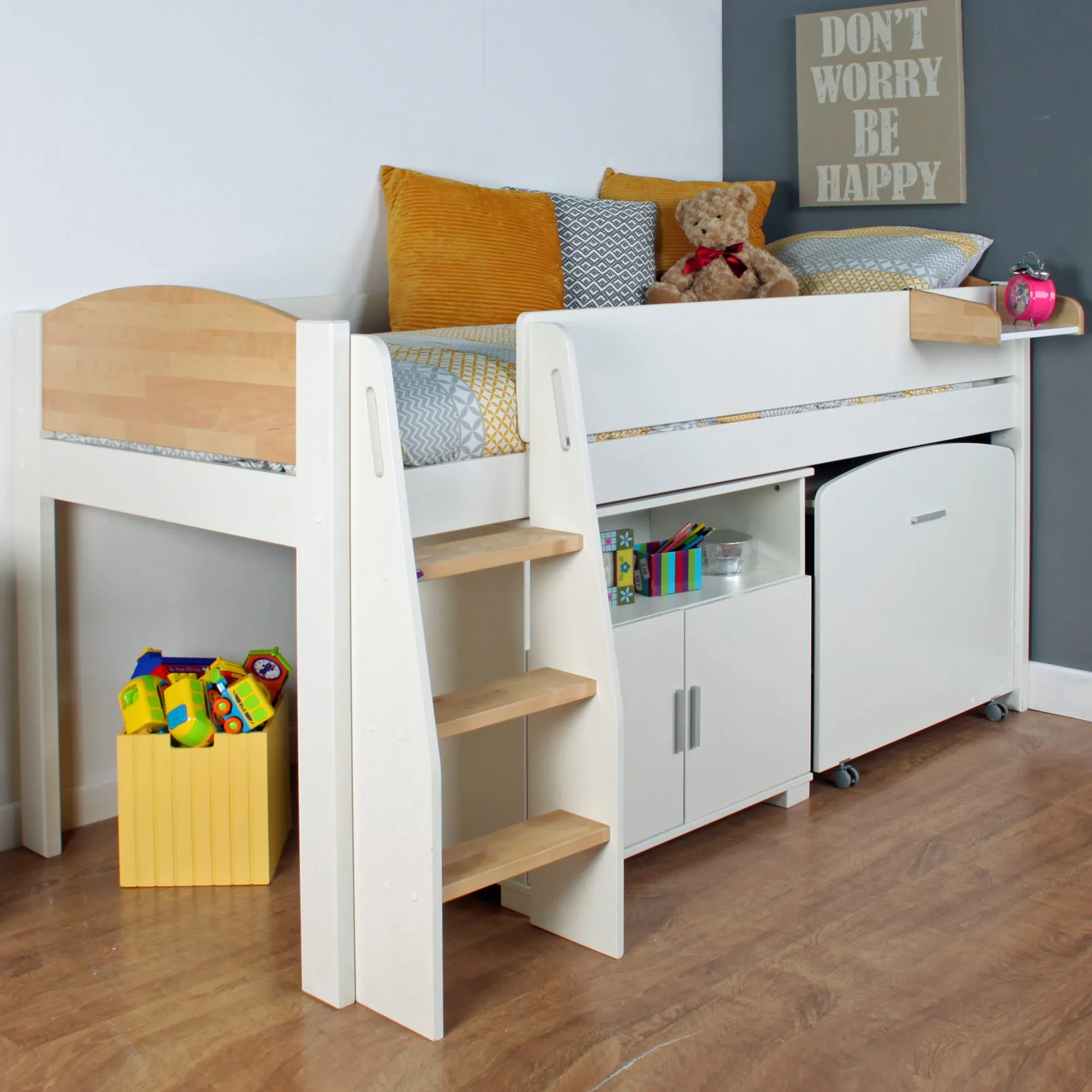 Urban Birch & Birch Midsleeper 2 with Pull Out Desk & Cupboard - Kids Avenue