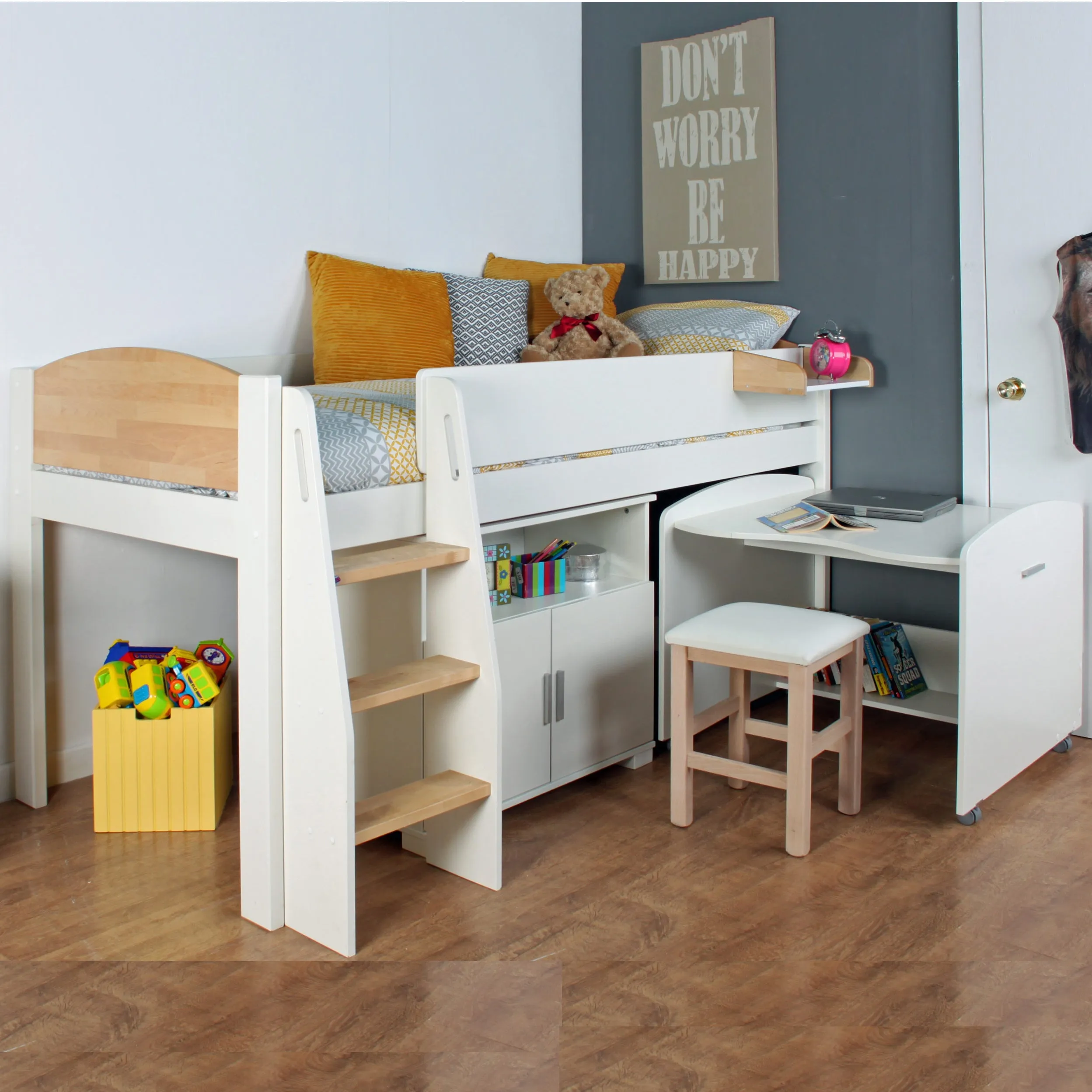 Urban Birch & Birch Midsleeper 2 with Pull Out Desk & Cupboard - Kids Avenue