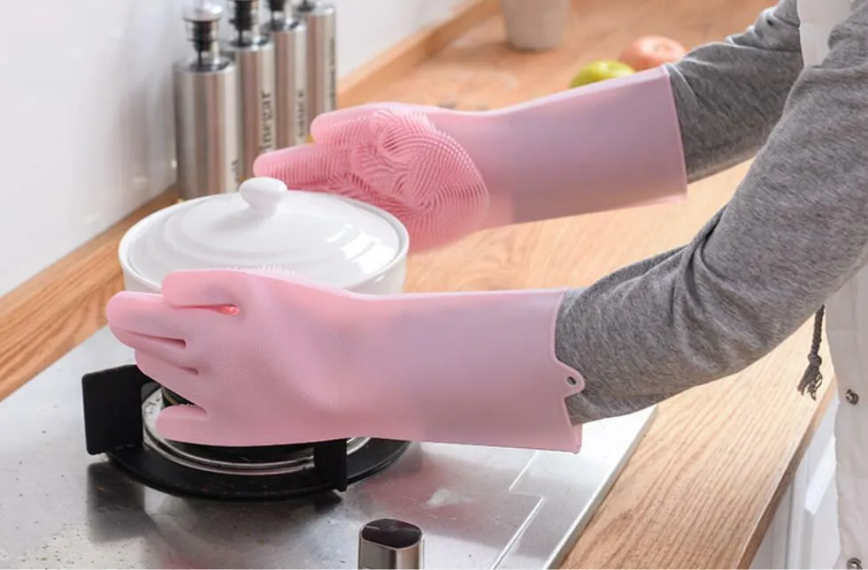 US 1-2 Pairs Silicone Cleaning Brush Scrubber Gloves Heat Resistant Dish Washing