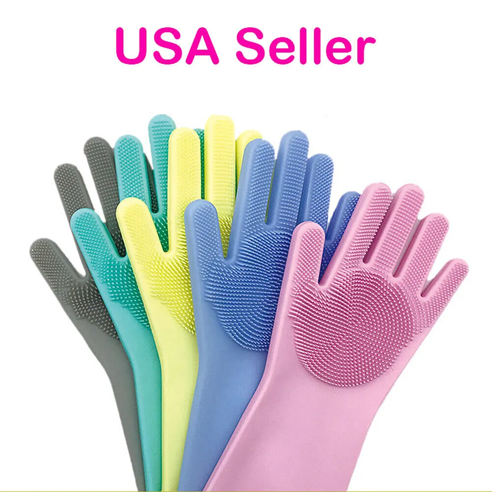 US 1-2 Pairs Silicone Cleaning Brush Scrubber Gloves Heat Resistant Dish Washing