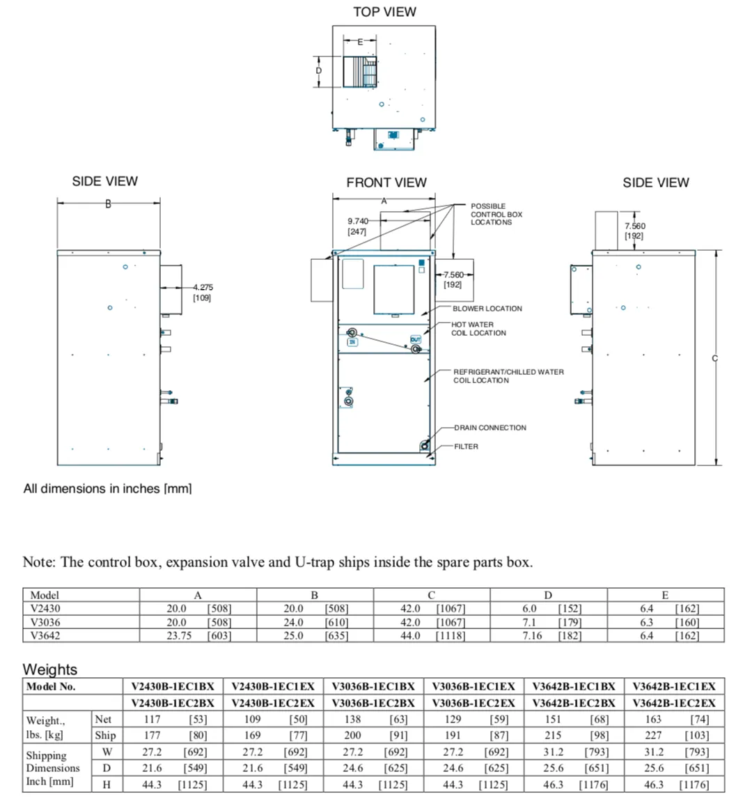 V3642B-1EC1BX - Vertical Air Handler Unit, 3642, 120V, 3 Row Coil, (AC) NO HWC