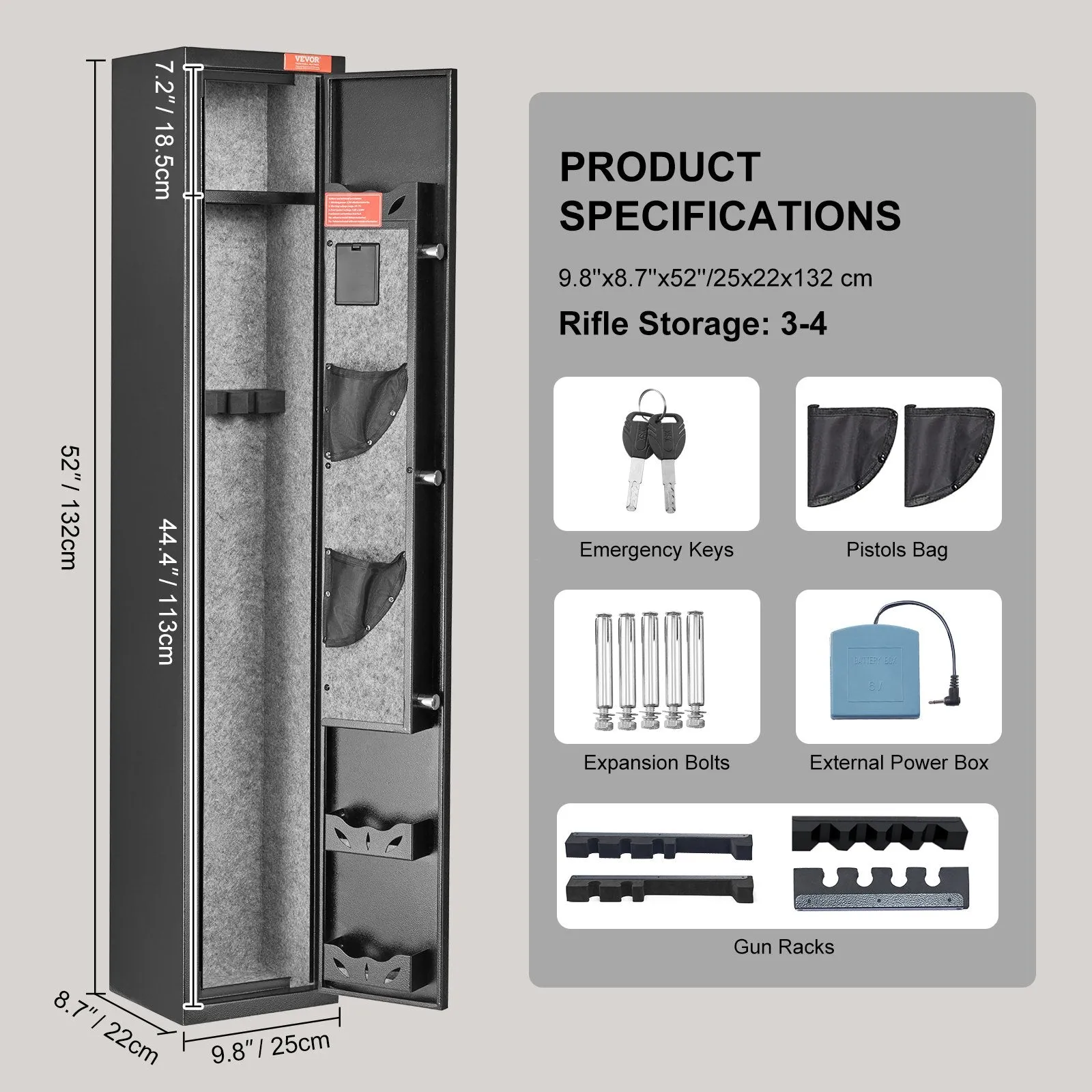 Vevor Gun Safe 3 Rifles Cabinet with Digital Keypad Removable Shelf and Pistol Rack New