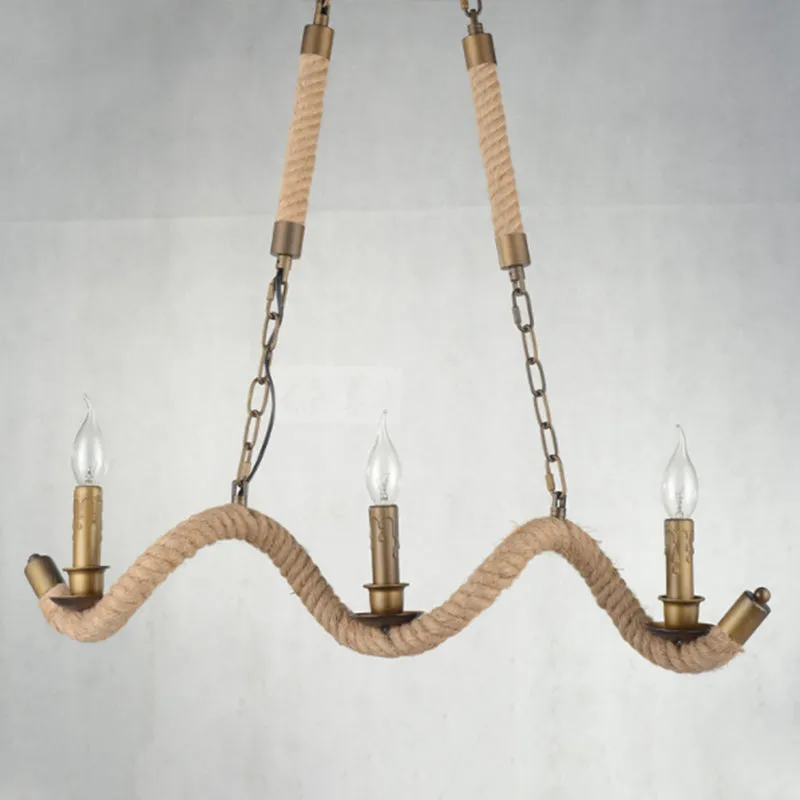 Vintage 3-Head Island Pendant Light: Candlestick Iron Ceiling Fixture with Hemp Rope - Flaxen Finish