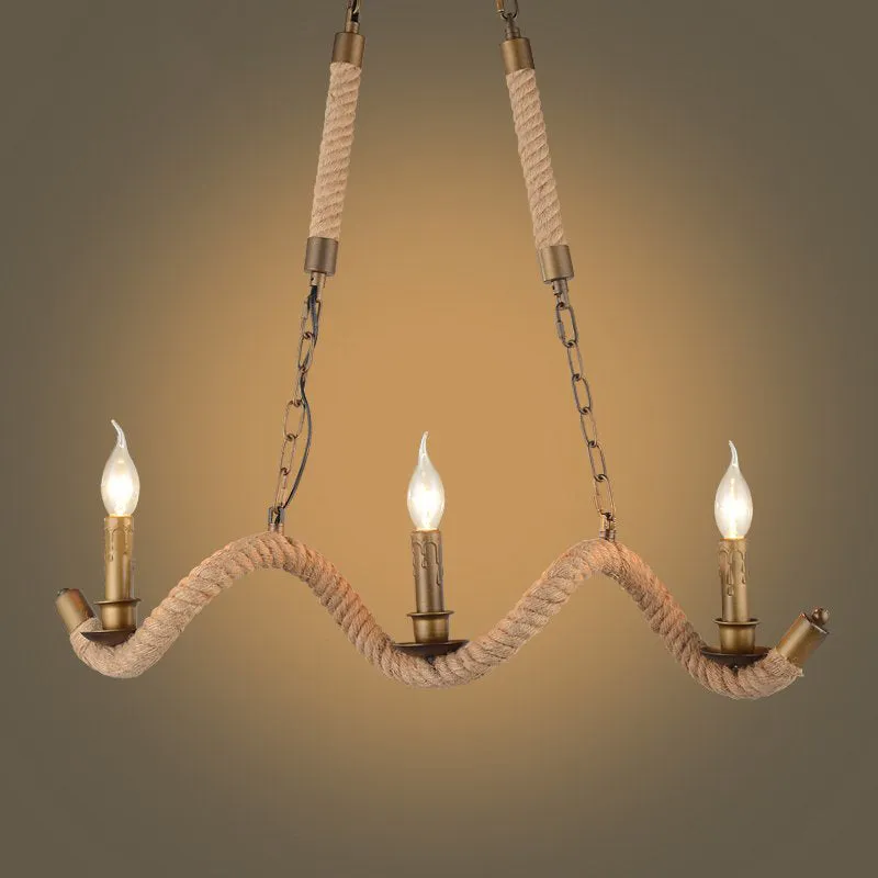 Vintage 3-Head Island Pendant Light: Candlestick Iron Ceiling Fixture with Hemp Rope - Flaxen Finish