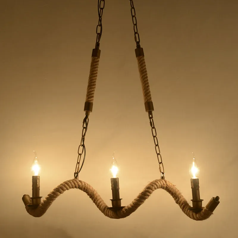 Vintage 3-Head Island Pendant Light: Candlestick Iron Ceiling Fixture with Hemp Rope - Flaxen Finish