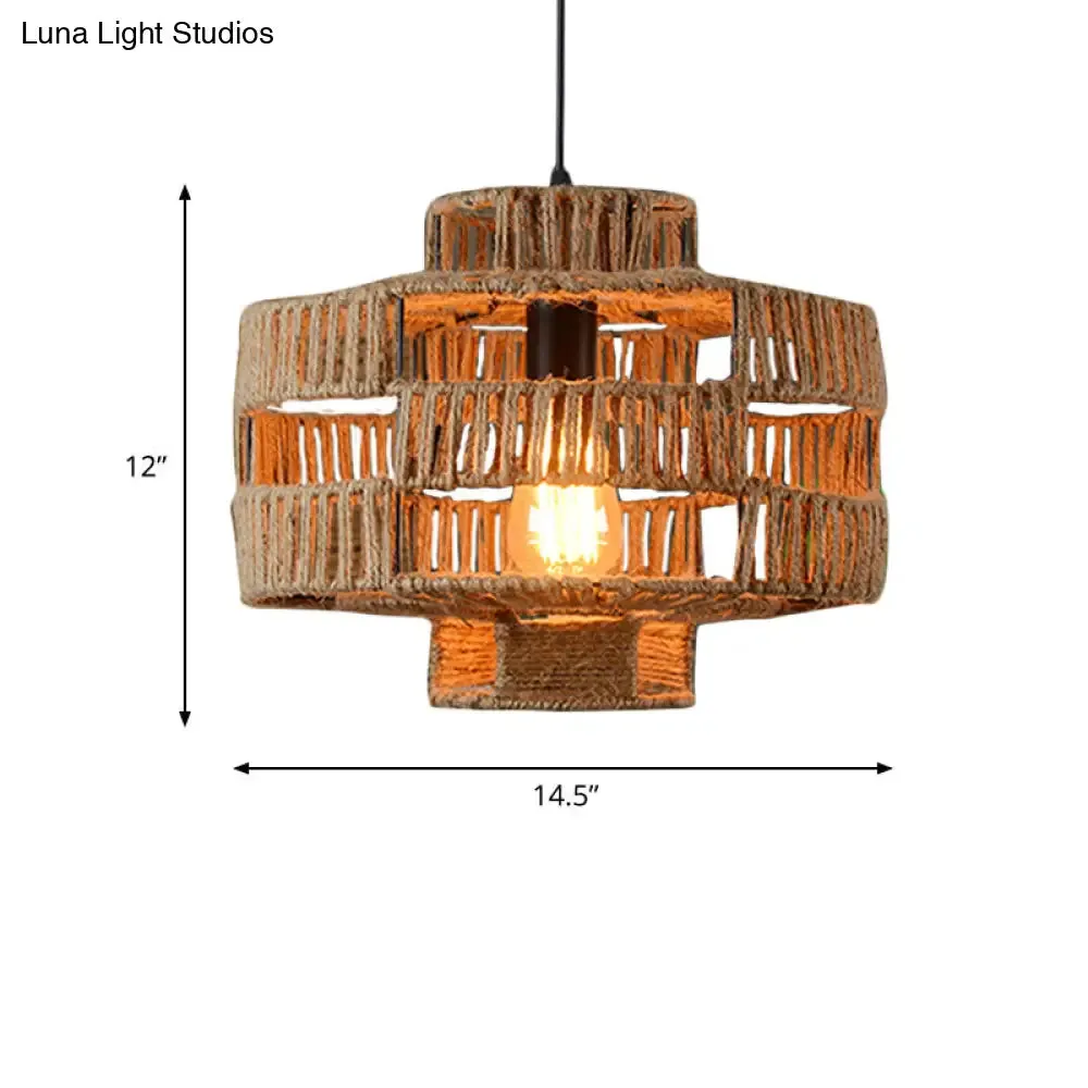 Vintage Beige Rope Pendant Ceiling Light Fixture for Restaurants - 1 Light Drum Frame Lamp