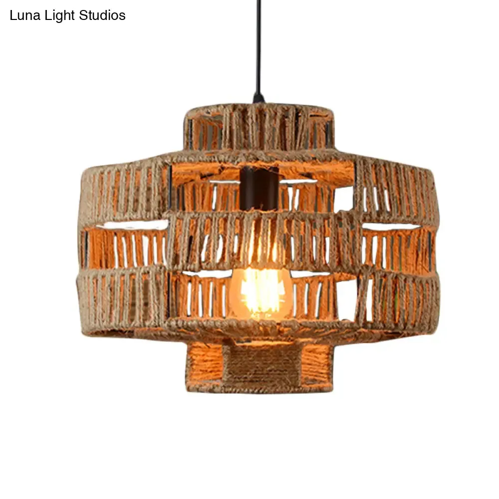 Vintage Beige Rope Pendant Ceiling Light Fixture for Restaurants - 1 Light Drum Frame Lamp