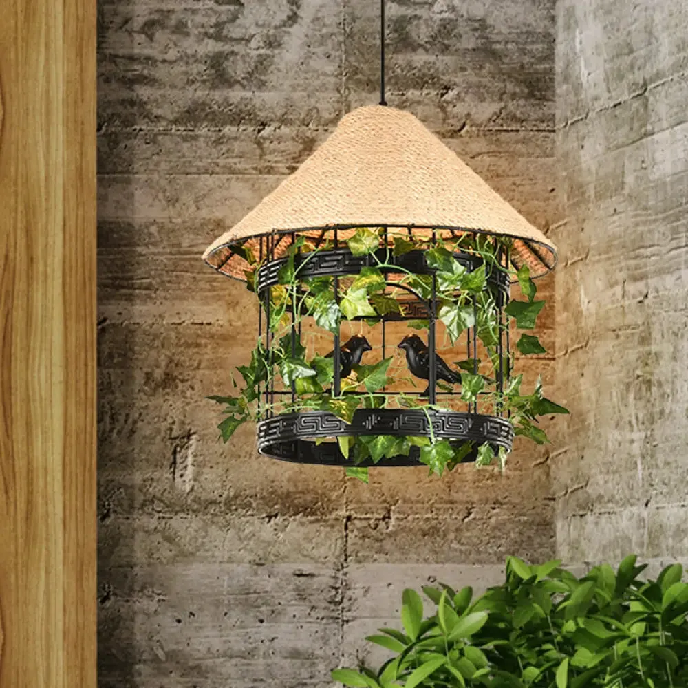 Vintage Black/Rust Finish House Pendant Ceiling Light with Rope Hanging and Flower/Vine Deco - 1-Bulb Hanging Lamp Kit