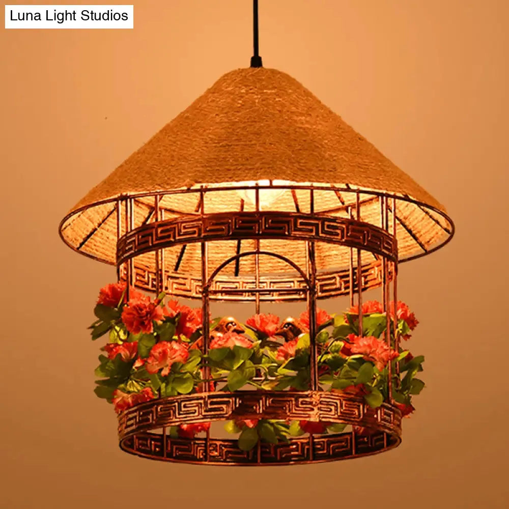 Vintage Black/Rust Finish House Pendant Ceiling Light with Rope Hanging and Flower/Vine Deco - 1-Bulb Hanging Lamp Kit